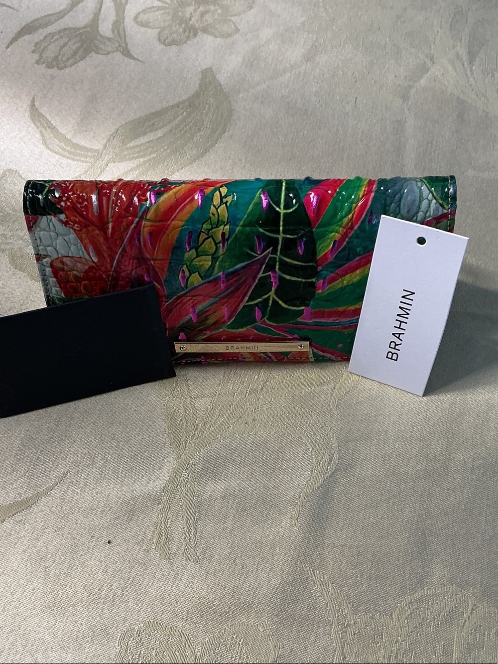 Brahmin UPOTIA MELBOUTropical Floral Painted Leather Wallet in Green, Pink & Red